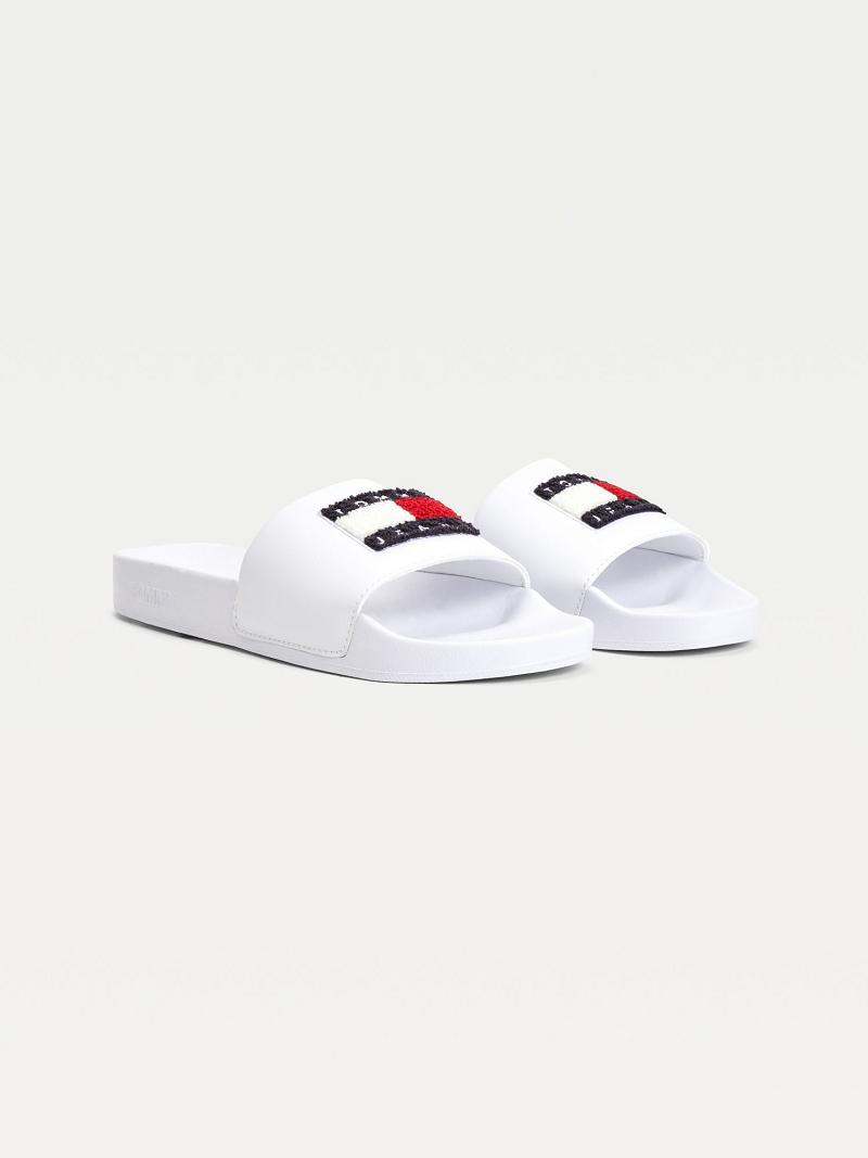 Női Tommy Hilfiger Terry Logo Pool Sandal Fehér | HU 610QMA